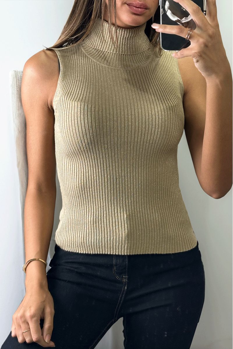 Beige turtleneck cropped sleeveless sweater - 1