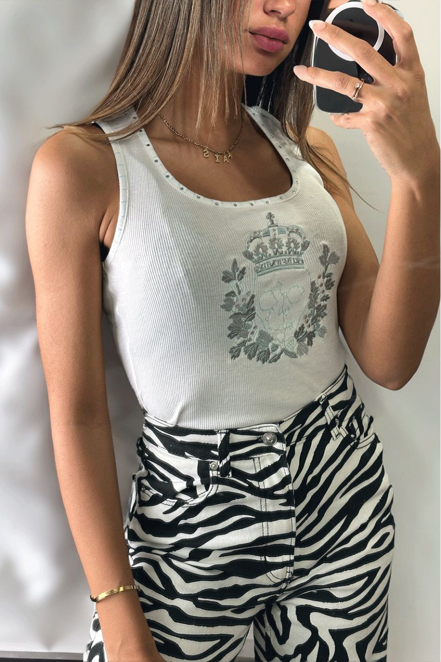 Débardeur chic blanc imprimé avec des strass - 2
