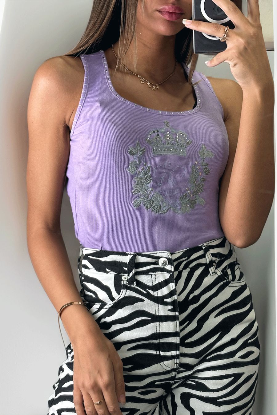 Débardeur chic lilas imprimé avec des strass - 1