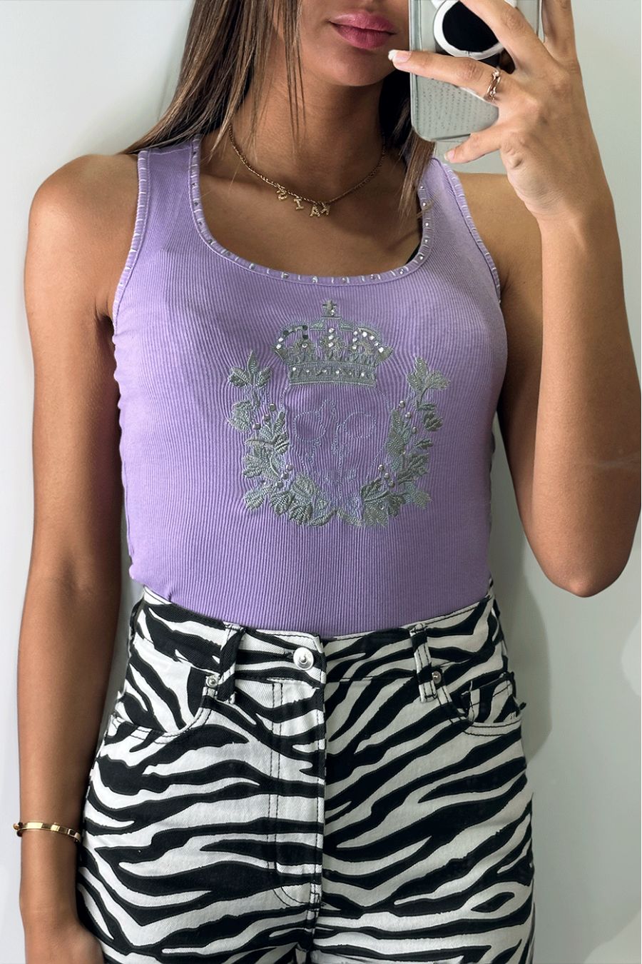 Débardeur chic lilas imprimé avec des strass - 2