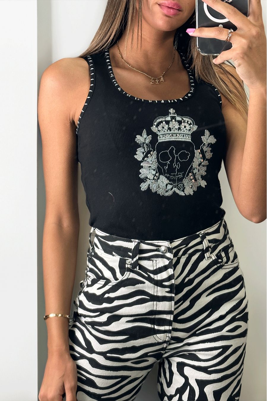 Chique zwarte tanktop bedrukt met strass steentjes - 1