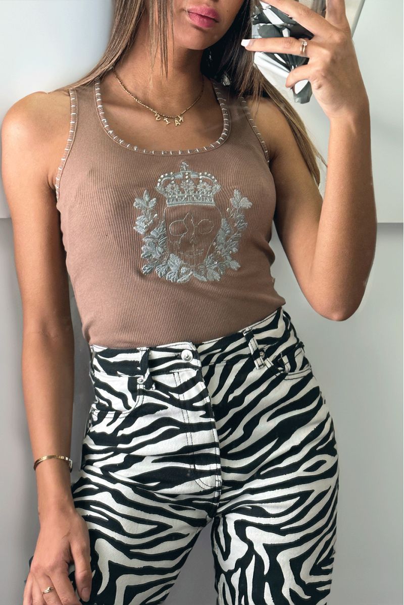 Chic brown tank top printed with rhinestones - 2
