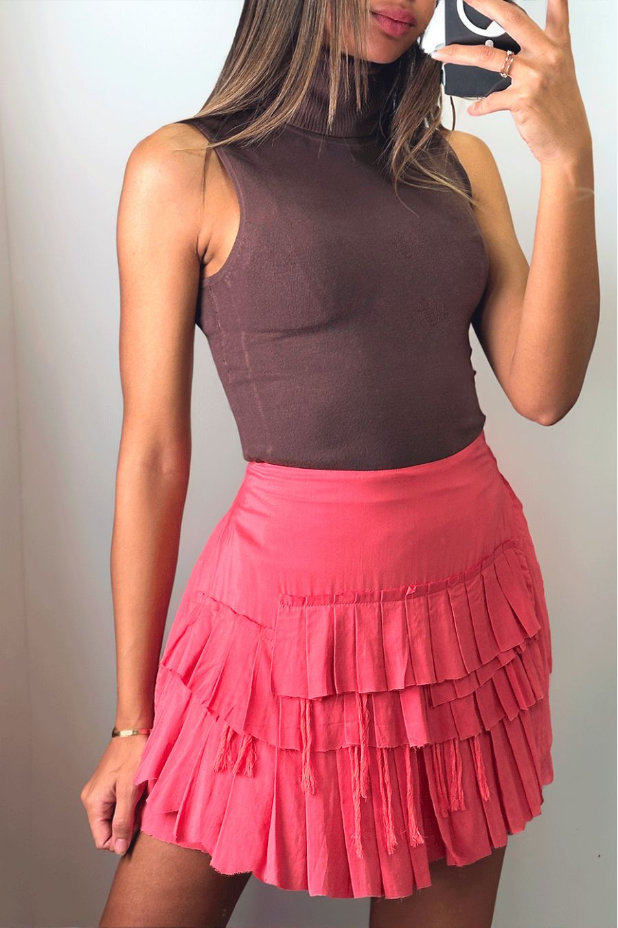 Fuchsia pleated mini skirt with ruffle and lined - 2