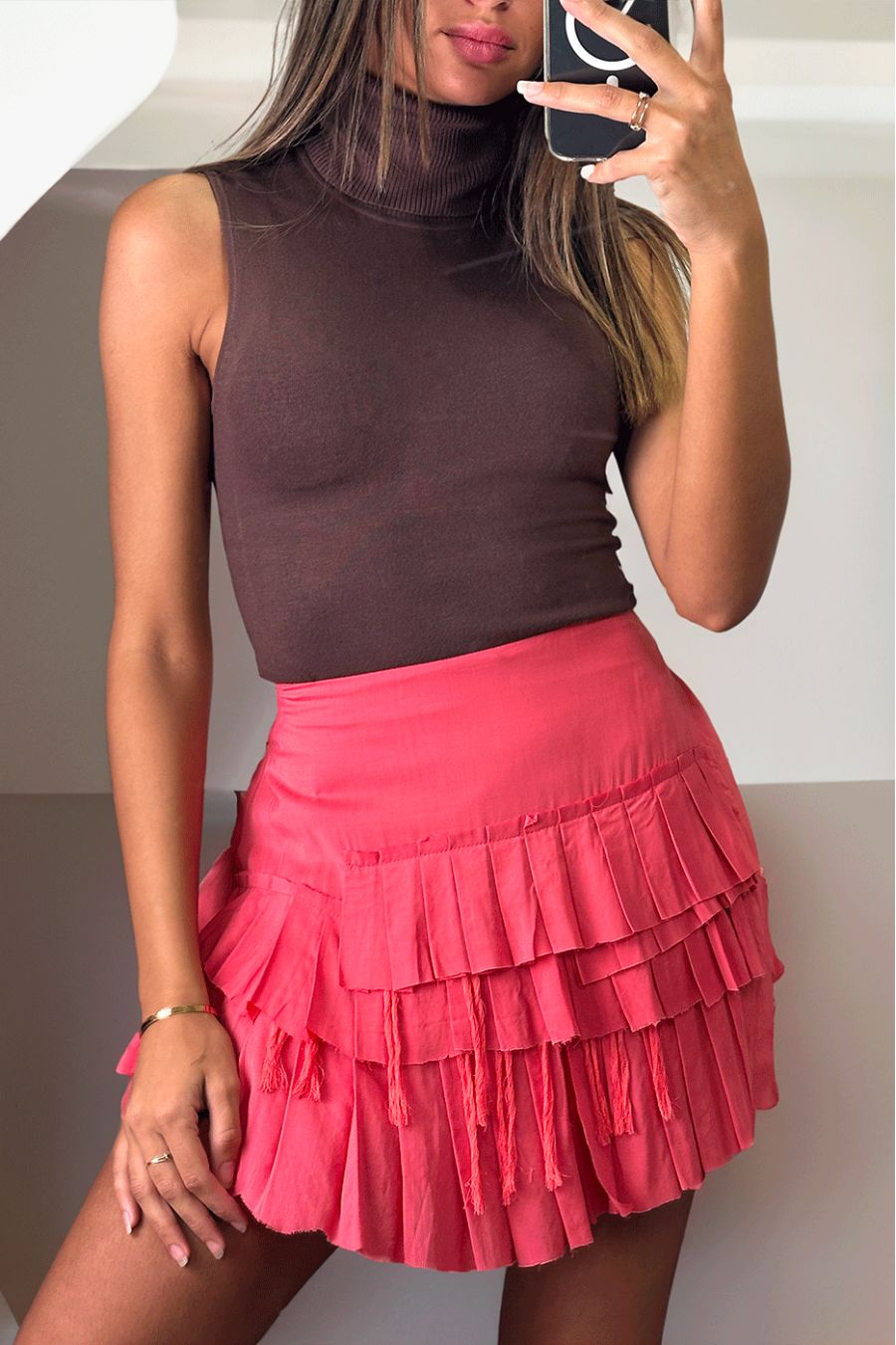 Fuchsia pleated mini skirt with ruffle and lined - 3