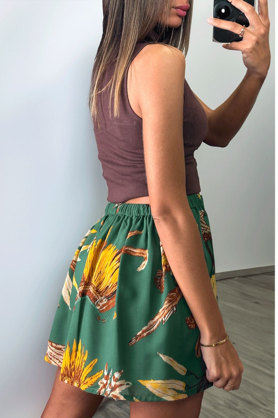 Flared mini skirt with green pattern - 3