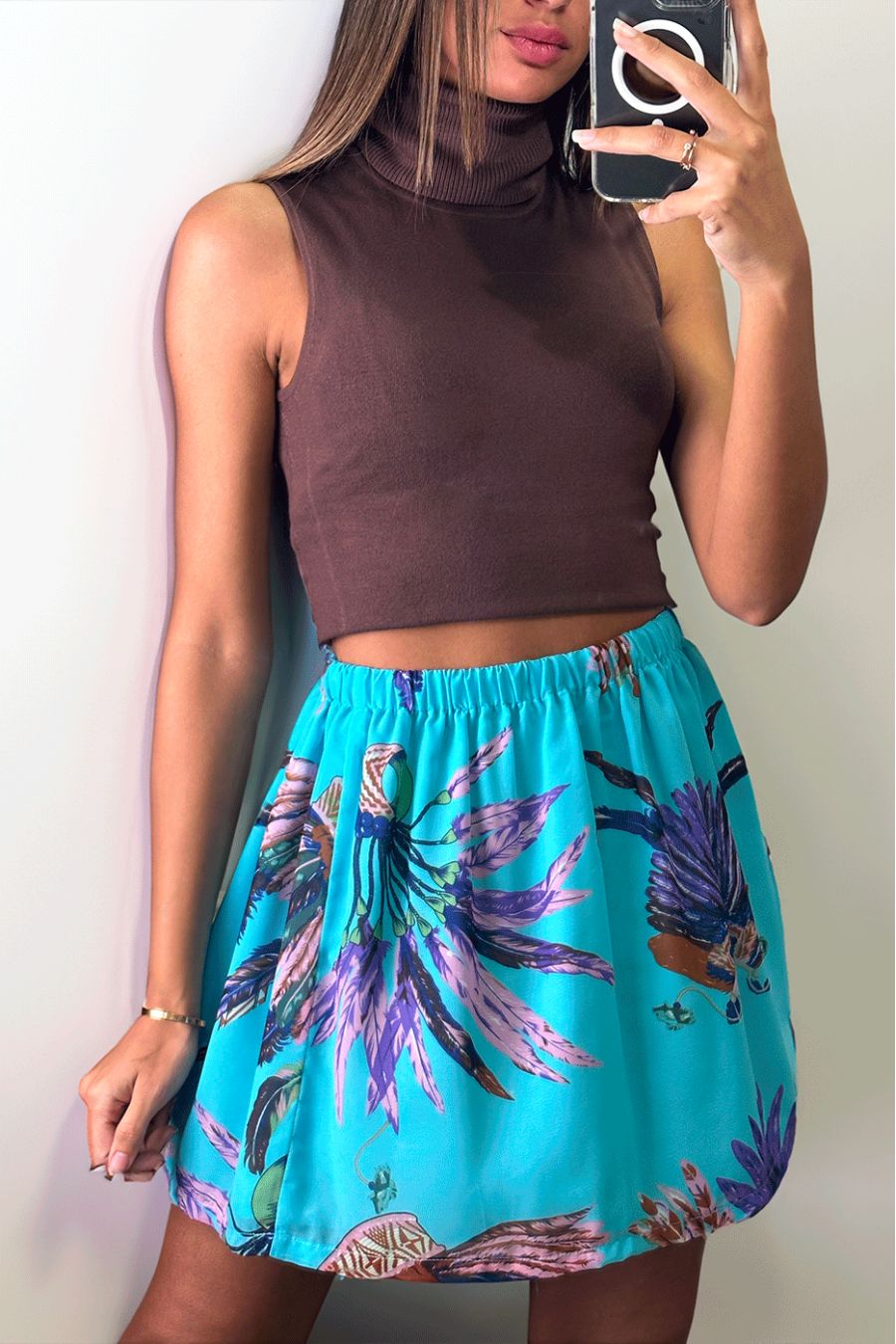 Flared mini skirt with turquoise pattern - 1