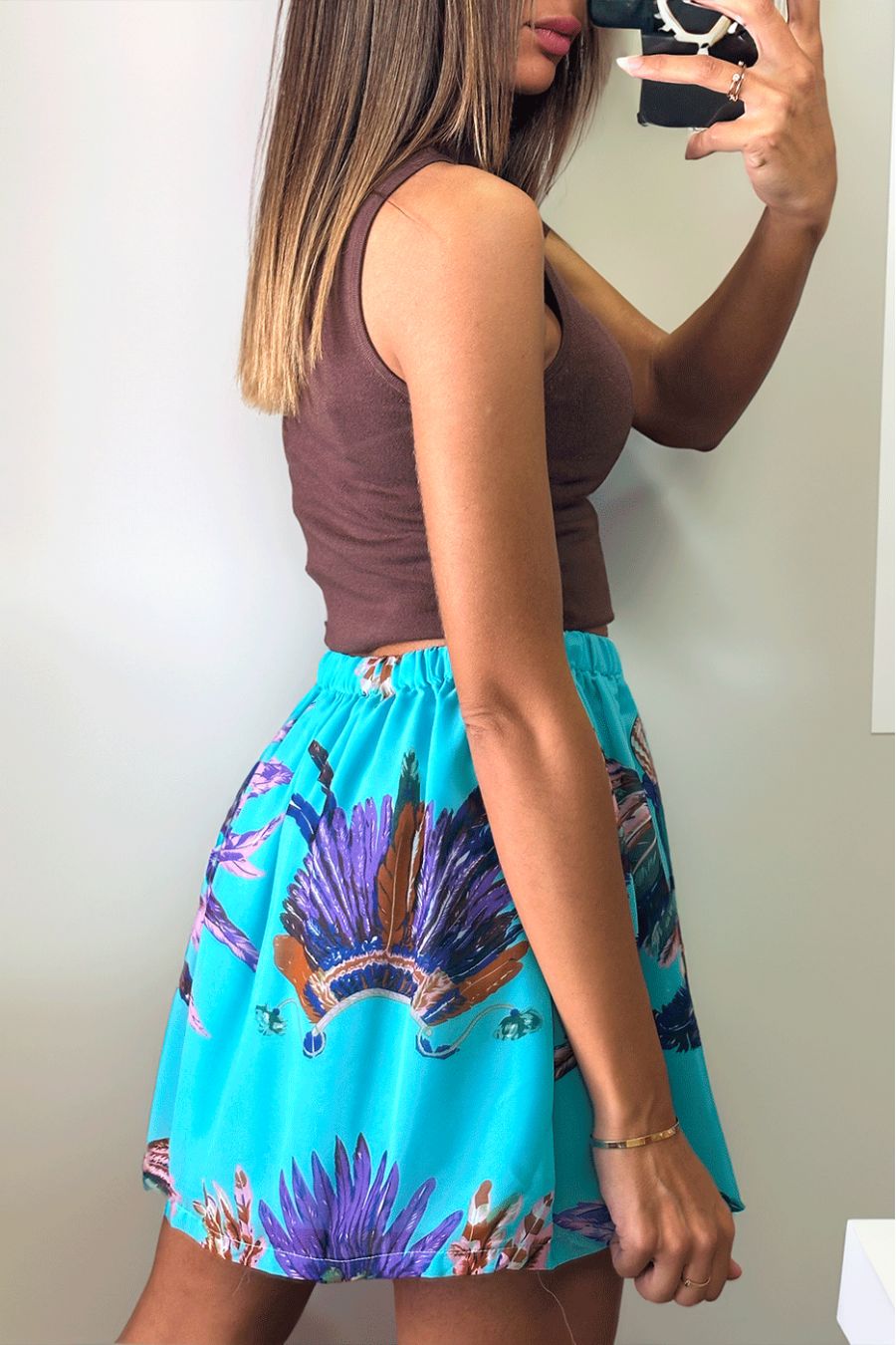 Wijd uitlopende minirok met turquoise patroon - 3