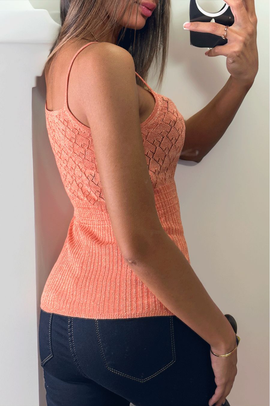 Koraalkleurige stretch gebreide tanktop - 3