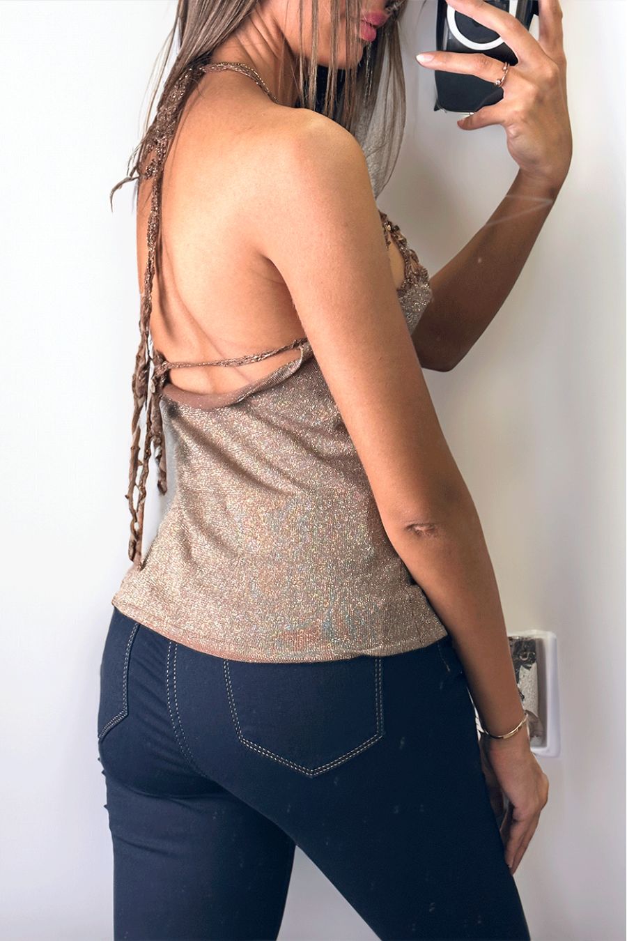 Shiny taupe tank top with lace and pearls - 3