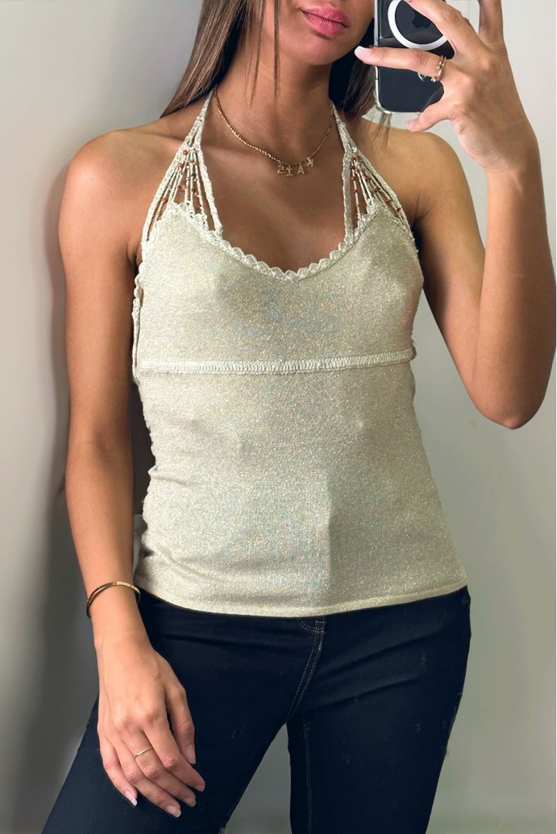 Shiny beige tank top with lace and pearls - 1