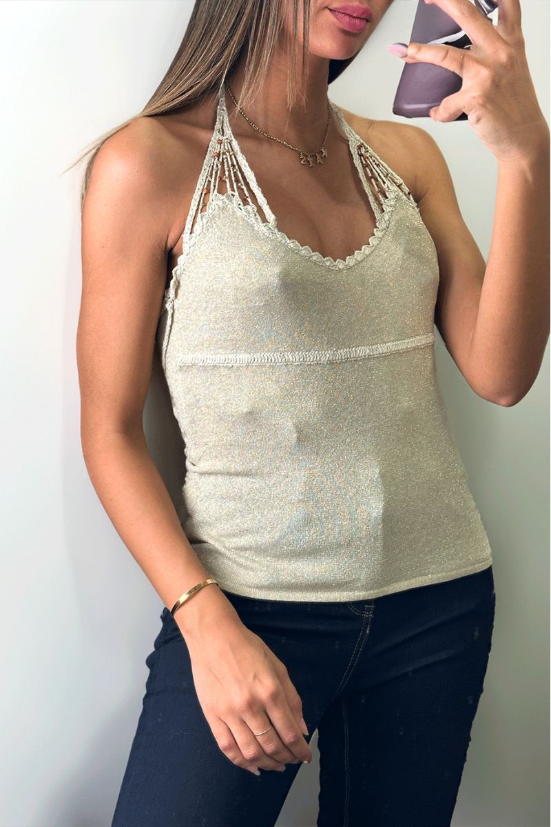 Shiny beige tank top with lace and pearls - 2