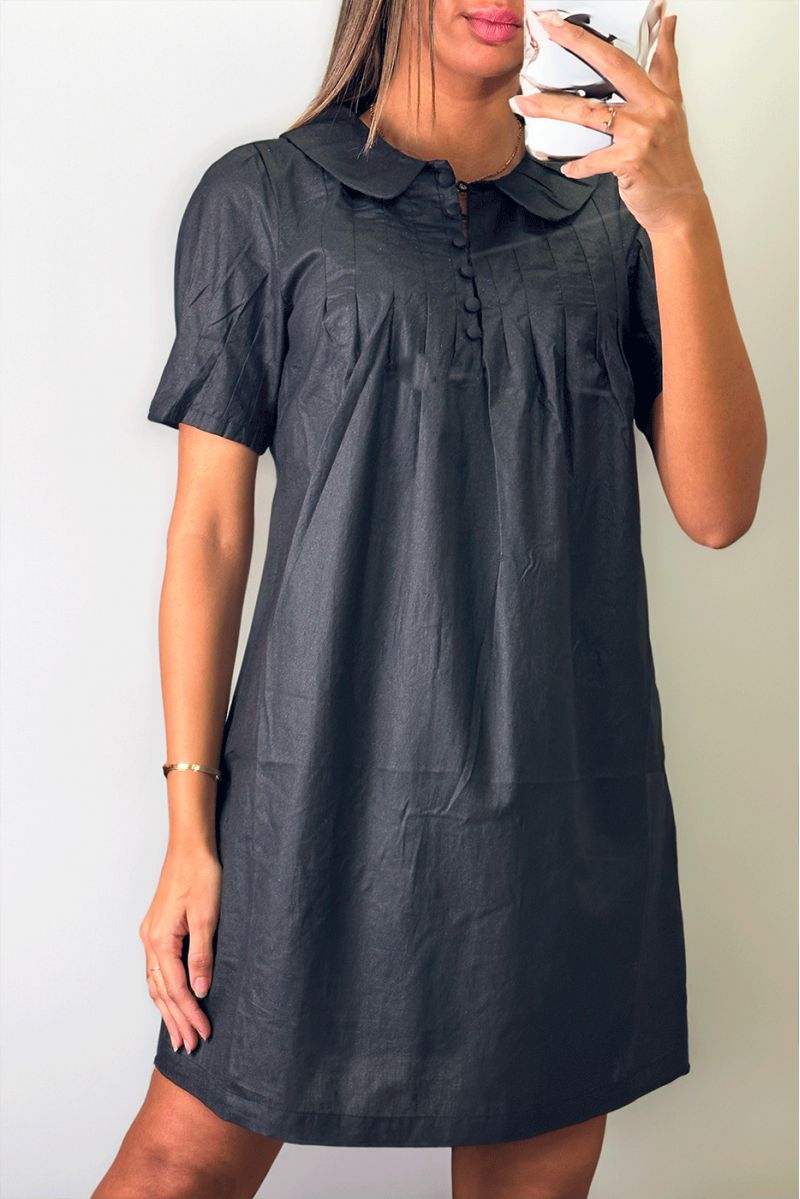 Shiny black tunic dress with buttons at the collar - 1