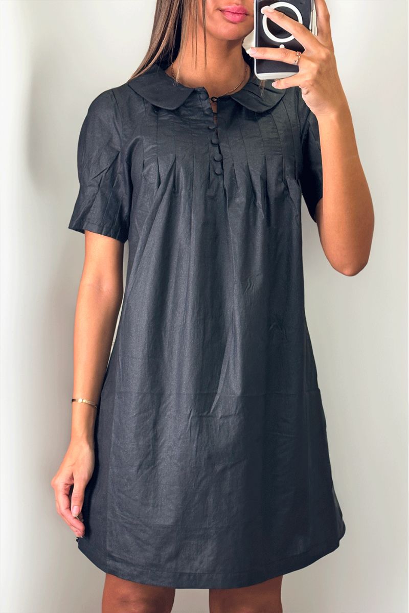 Robe tunique noir brillante avec boutons au col - 2