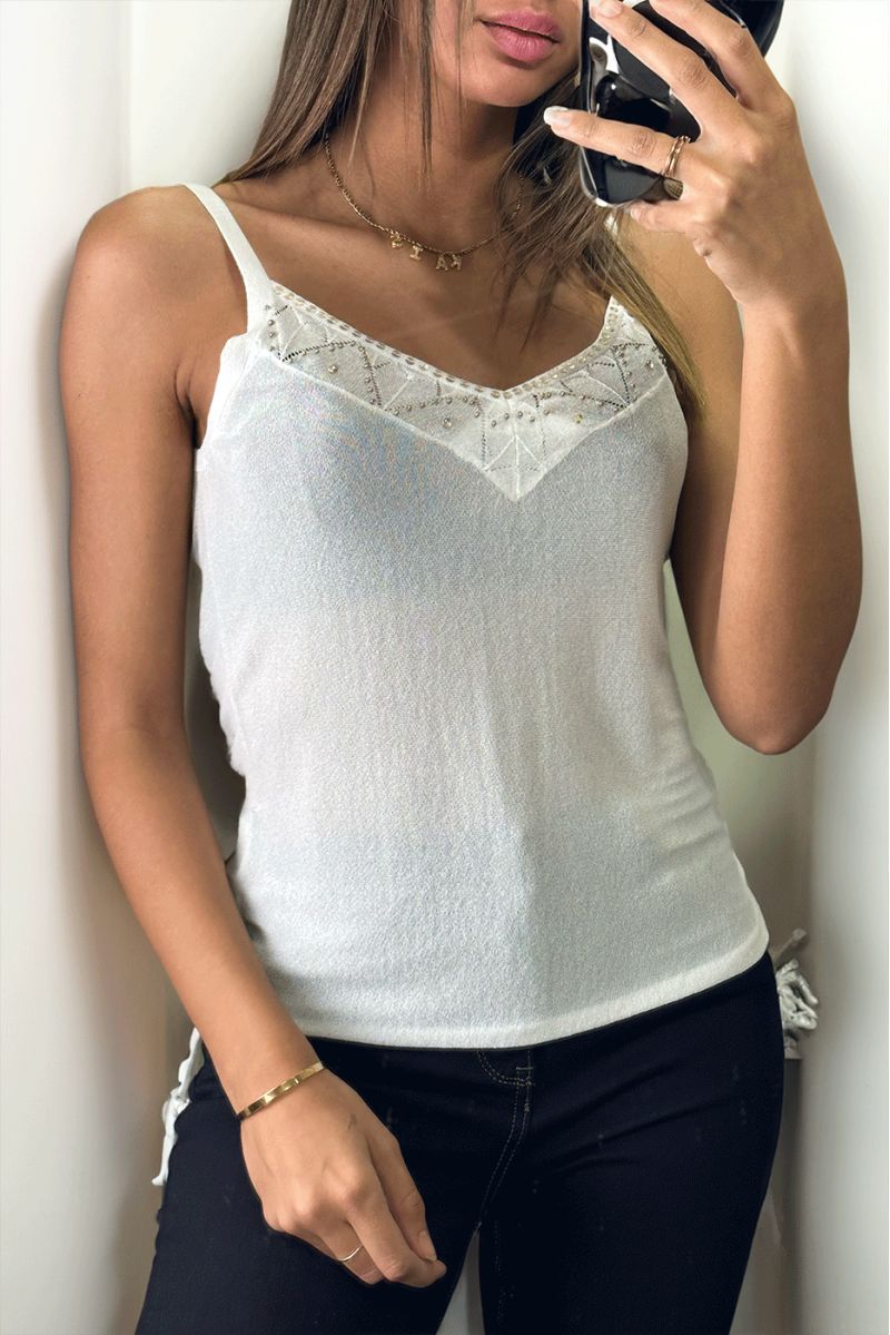 White tank top with pearls on the bust - 1