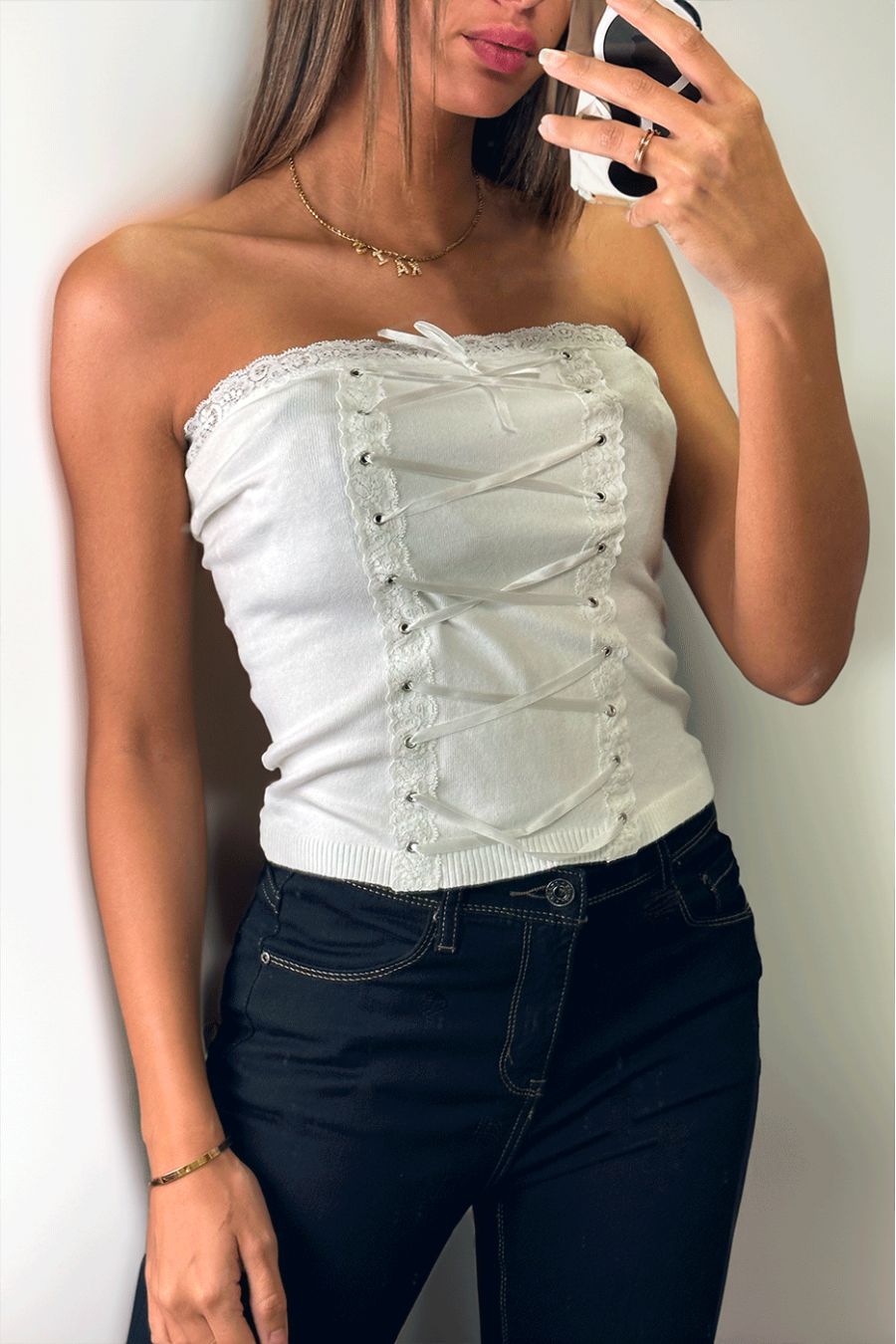 Witte stretch gebreide bustier met kant - 2