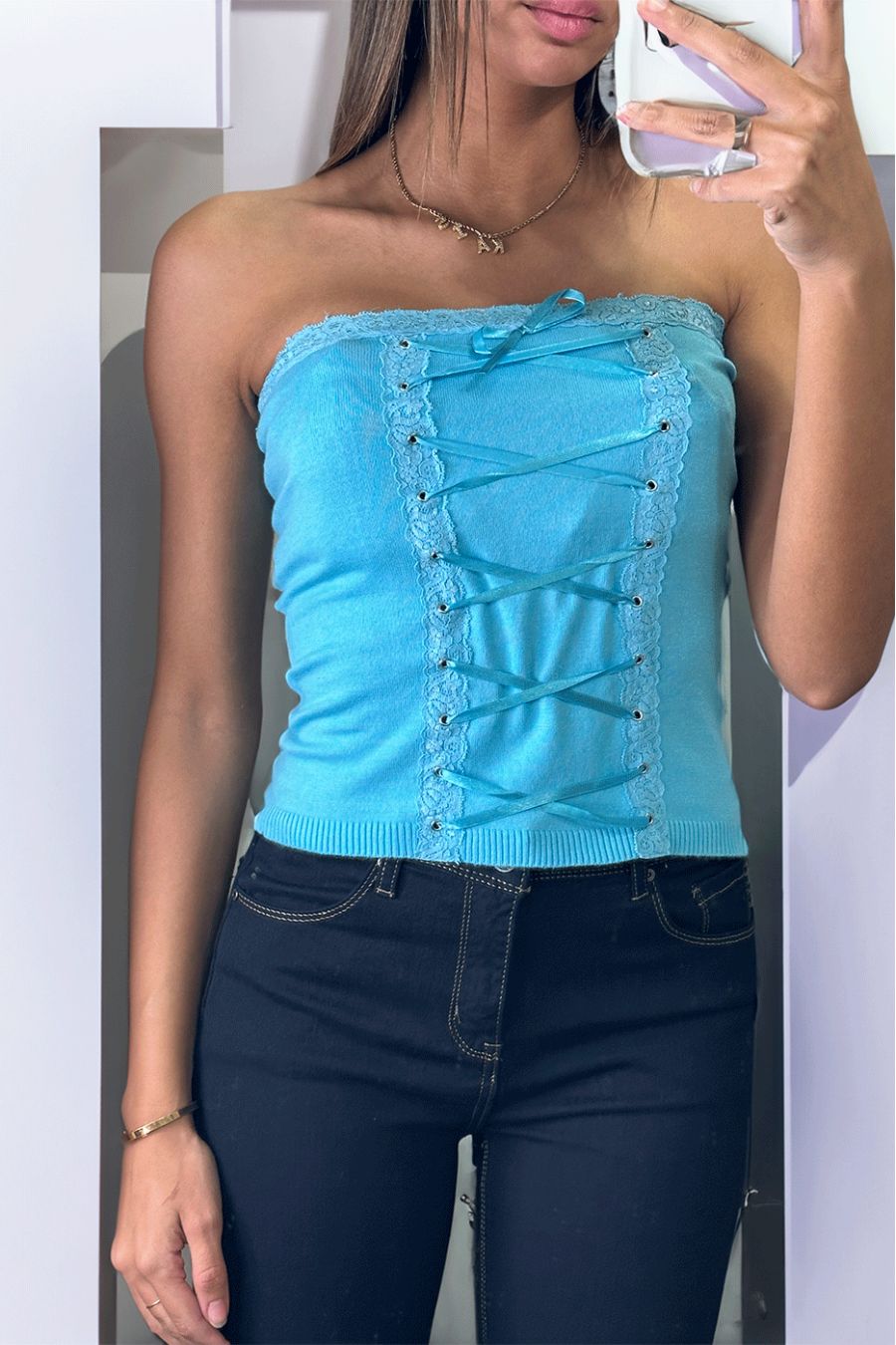 Bustier turquoise en maille tricot extensible avec lacet - 1