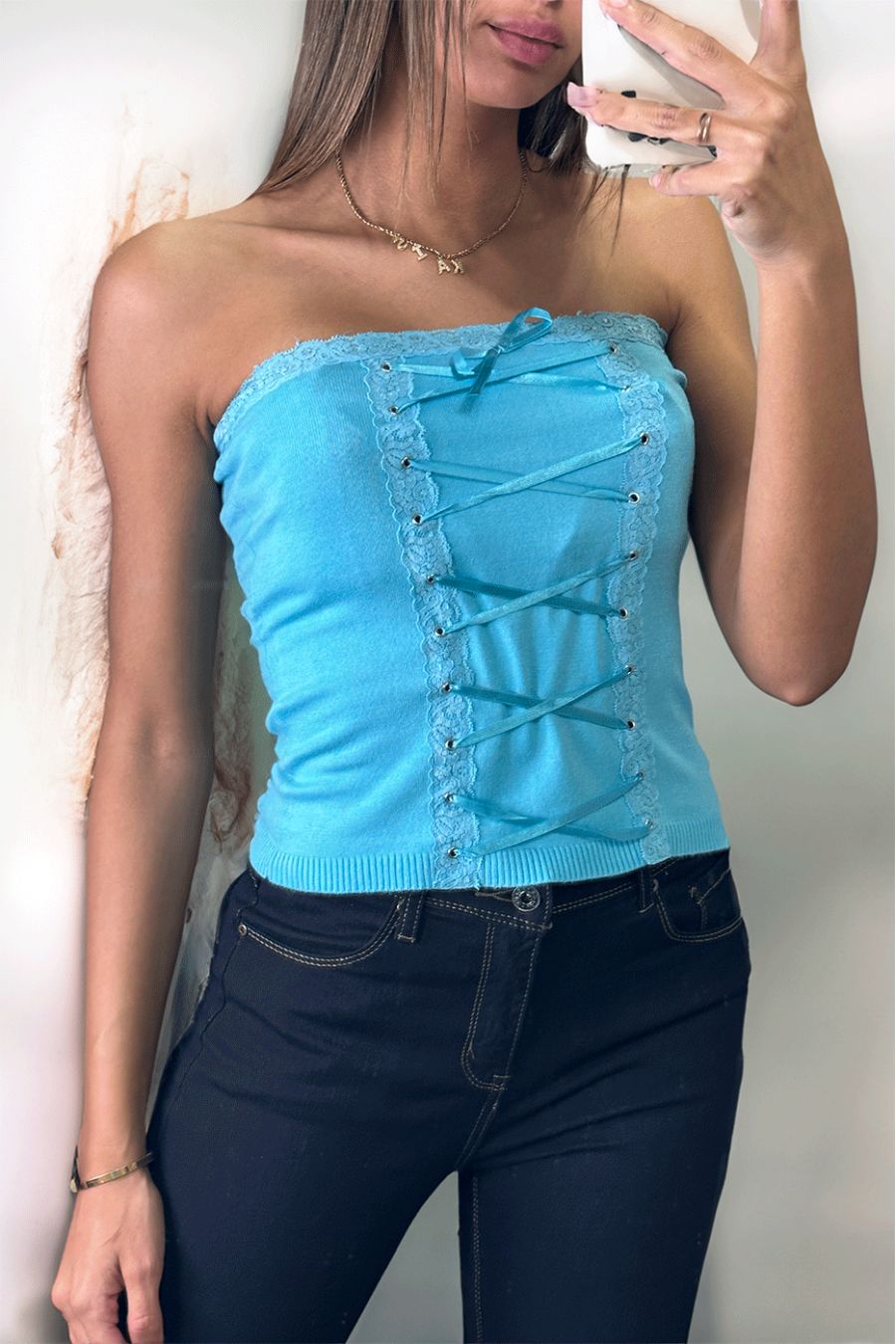 Turquoise bustier van stretchbreisel met kant - 2