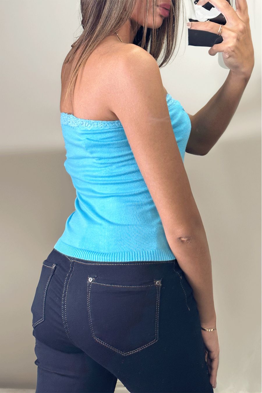 Turquoise bustier in stretch knit with lace - 3