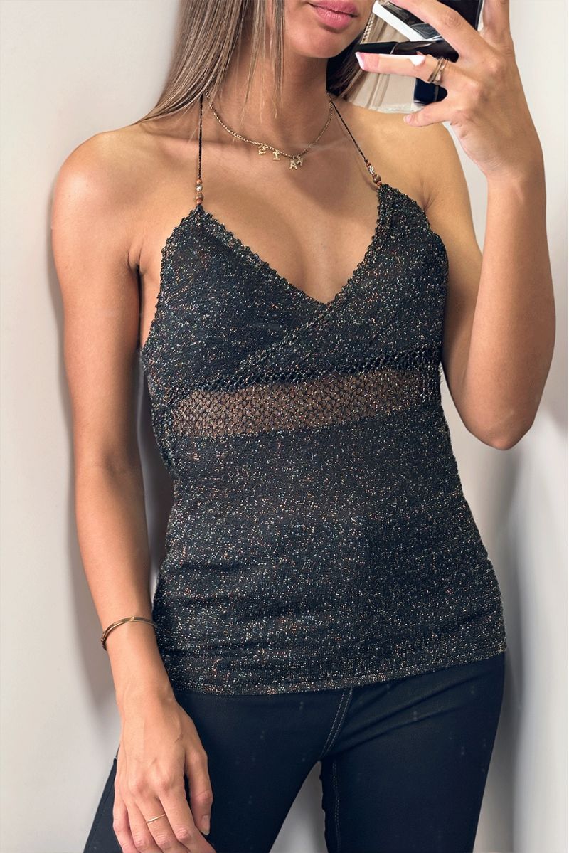 Shiny black tank top with lace and beads on the straps - 1
