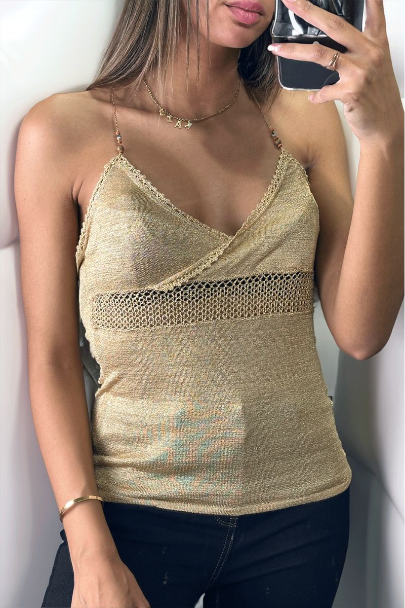 Shiny taupe tank top with lace and beads on the straps - 1