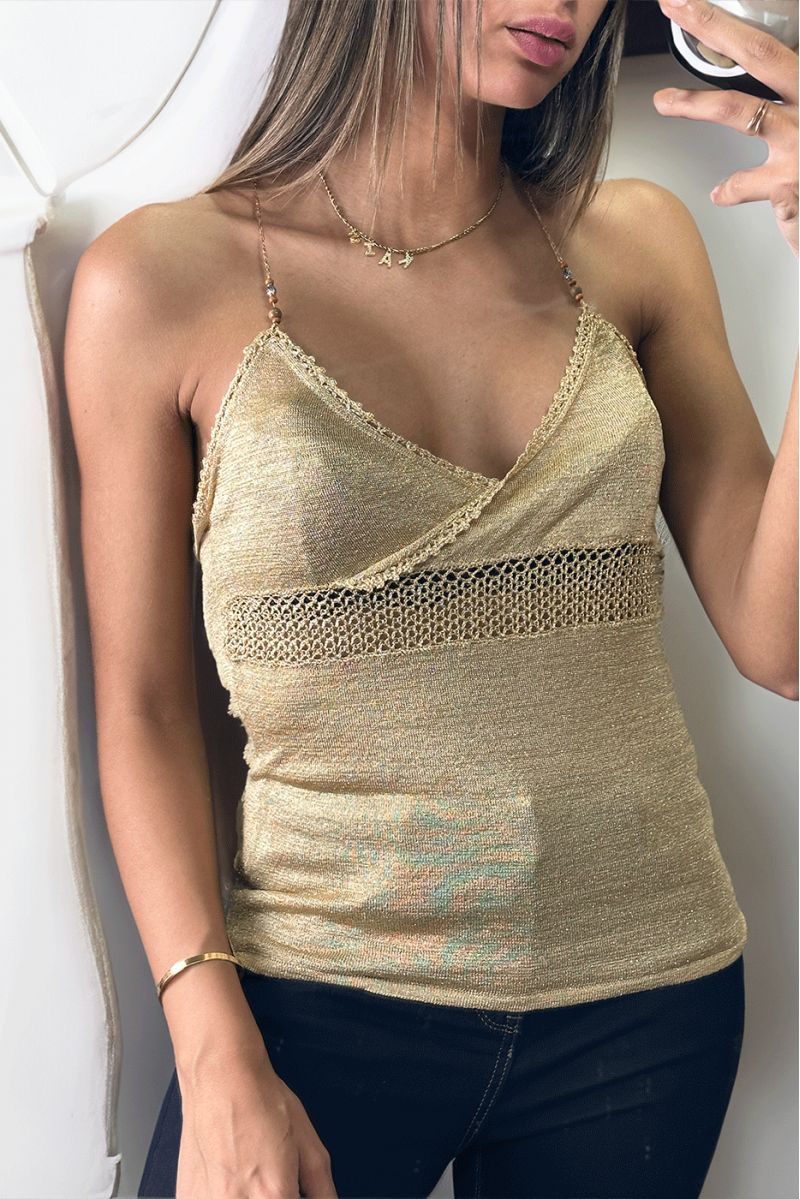 Shiny taupe tank top with lace and beads on the straps - 2