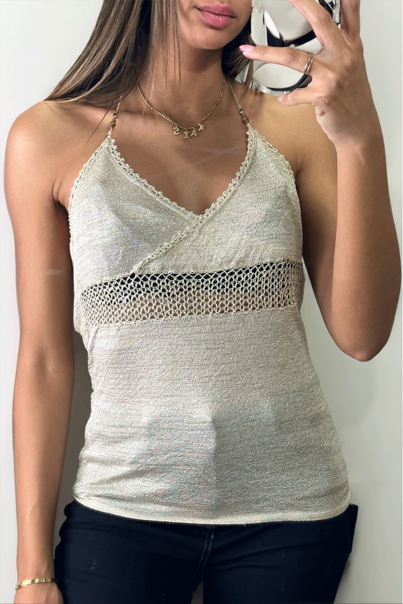 Shiny beige tank top with lace and pearls on the straps - 2