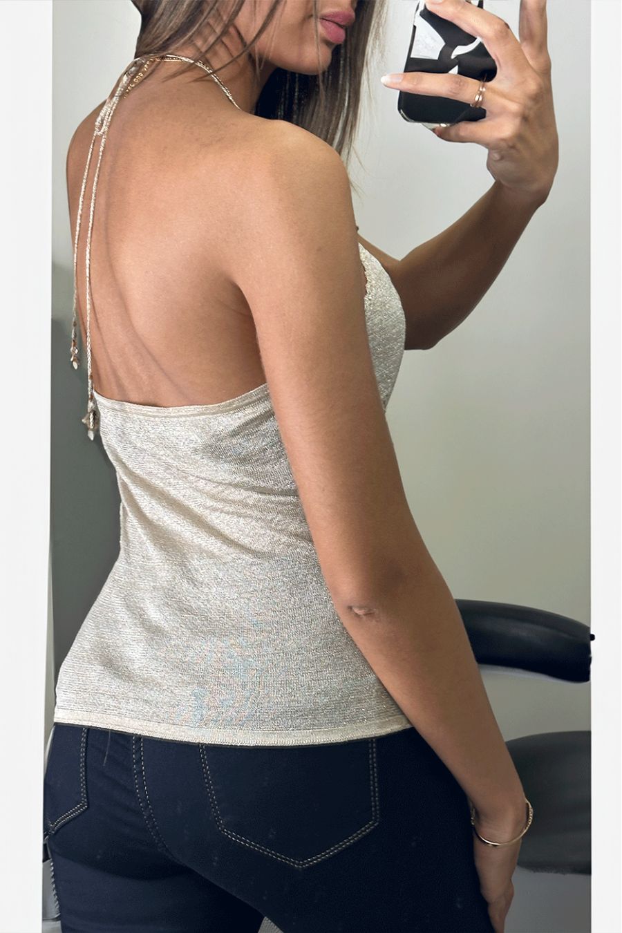 Shiny beige tank top with lace and pearls on the straps - 3