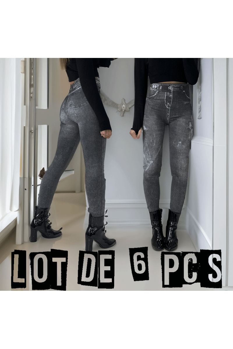 Pack of 6 high-waisted black fleece leggings with faded denim pattern - 1
