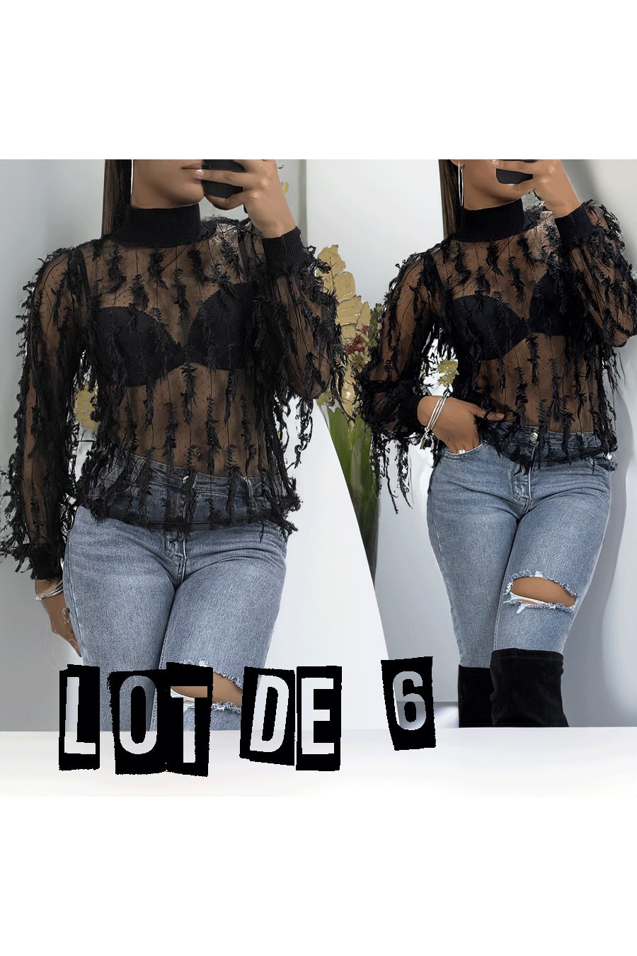 Zwarte geborduurde mesh top met col en geribbelde mouwen - 1