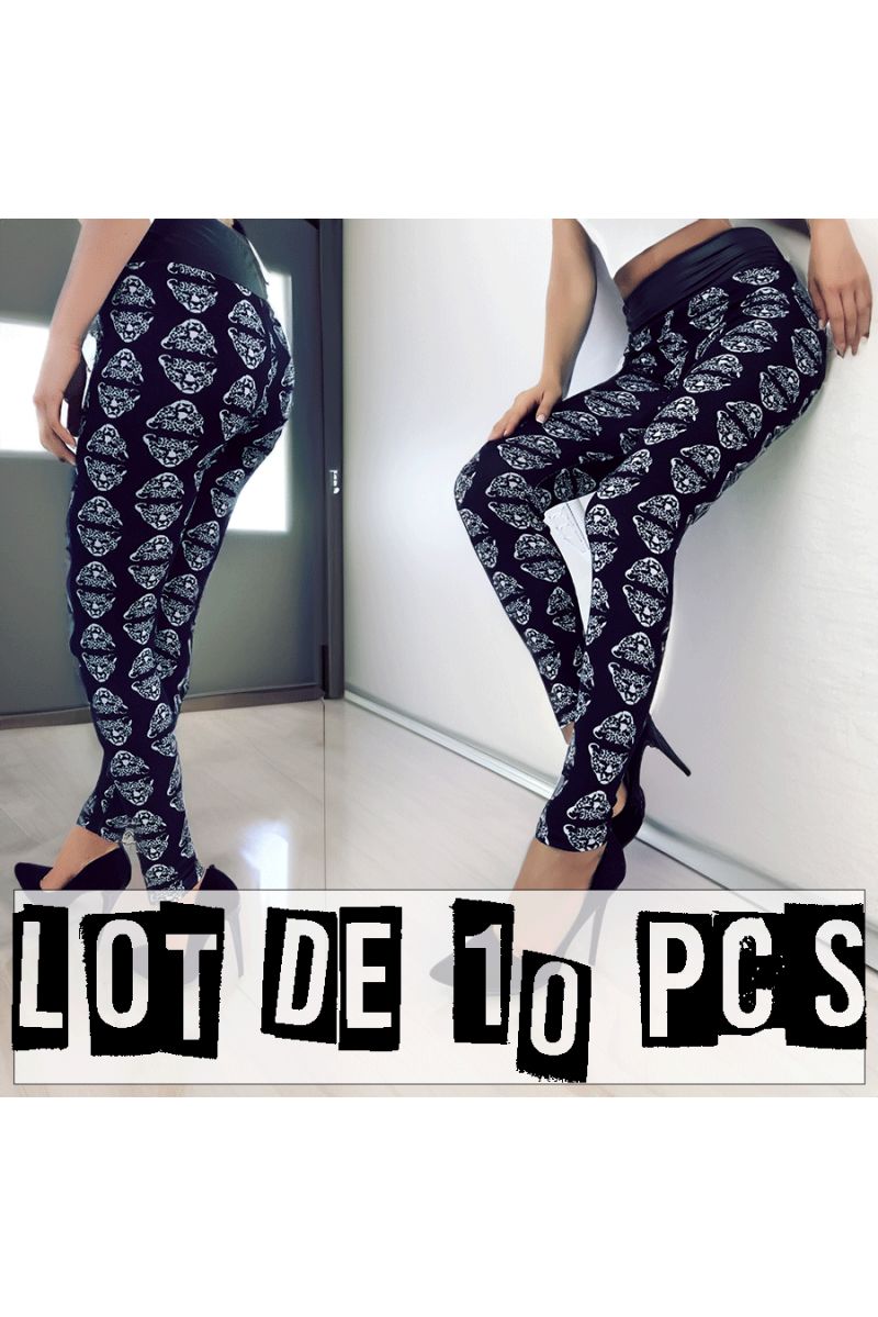 LoPLde 10 black winter leggings with panther head patterns in white. Fashion style. - 1