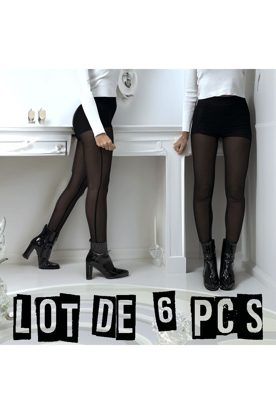 Zwarte fishnet legging met aangerimpelde onderkant, korte broek en elastiek in de taille - 1