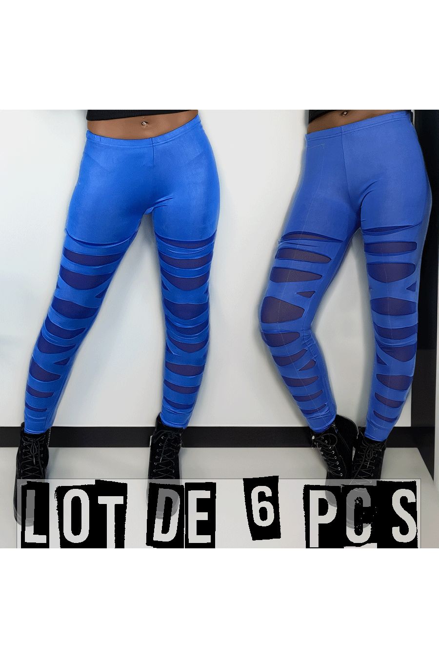 Lot de 6 Leggings bleu avec joli motif coupé et doublé en résille
