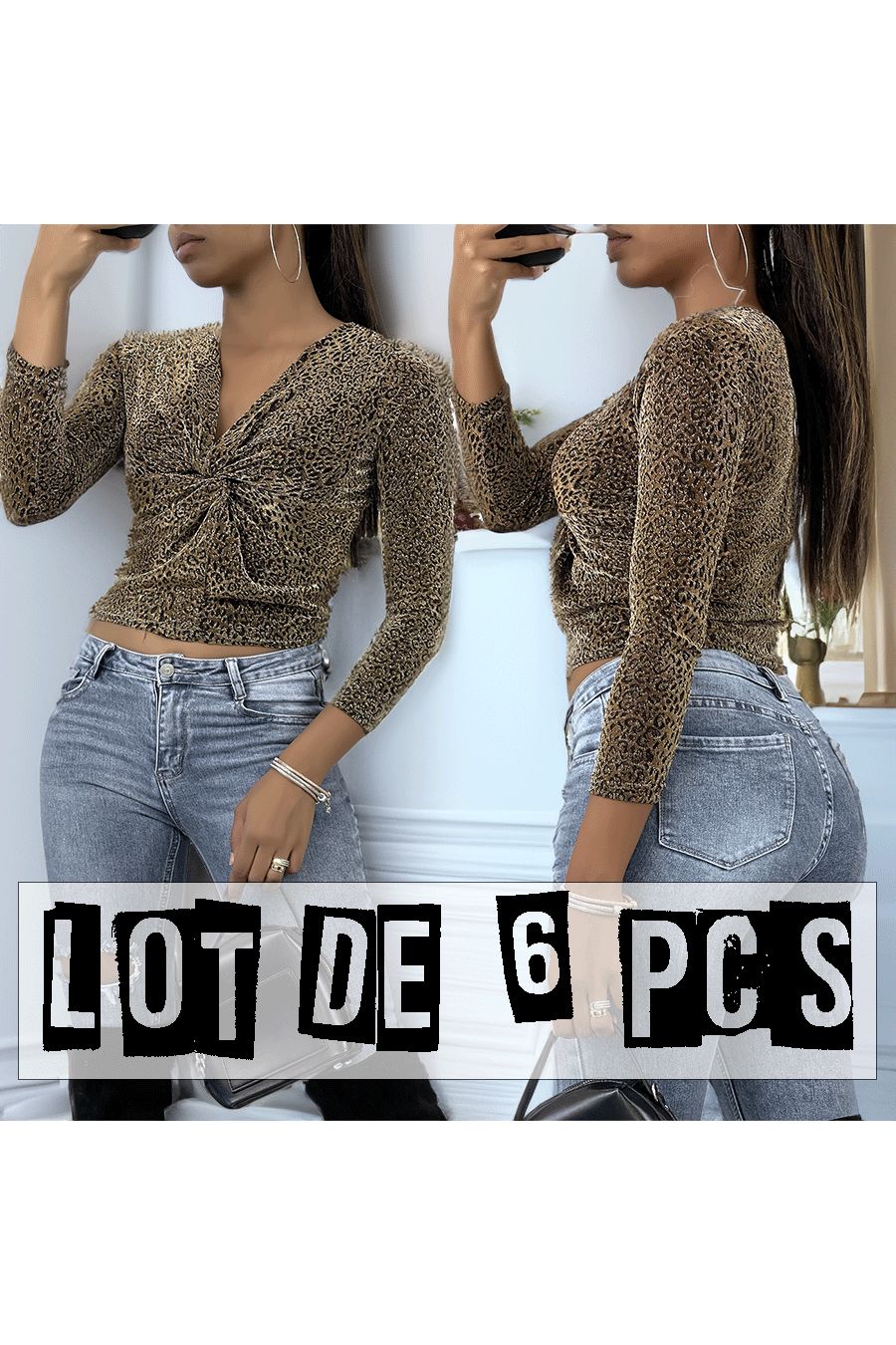 Sparkly top met gouden luipaardprints met lange mouwen, v-hals - 1