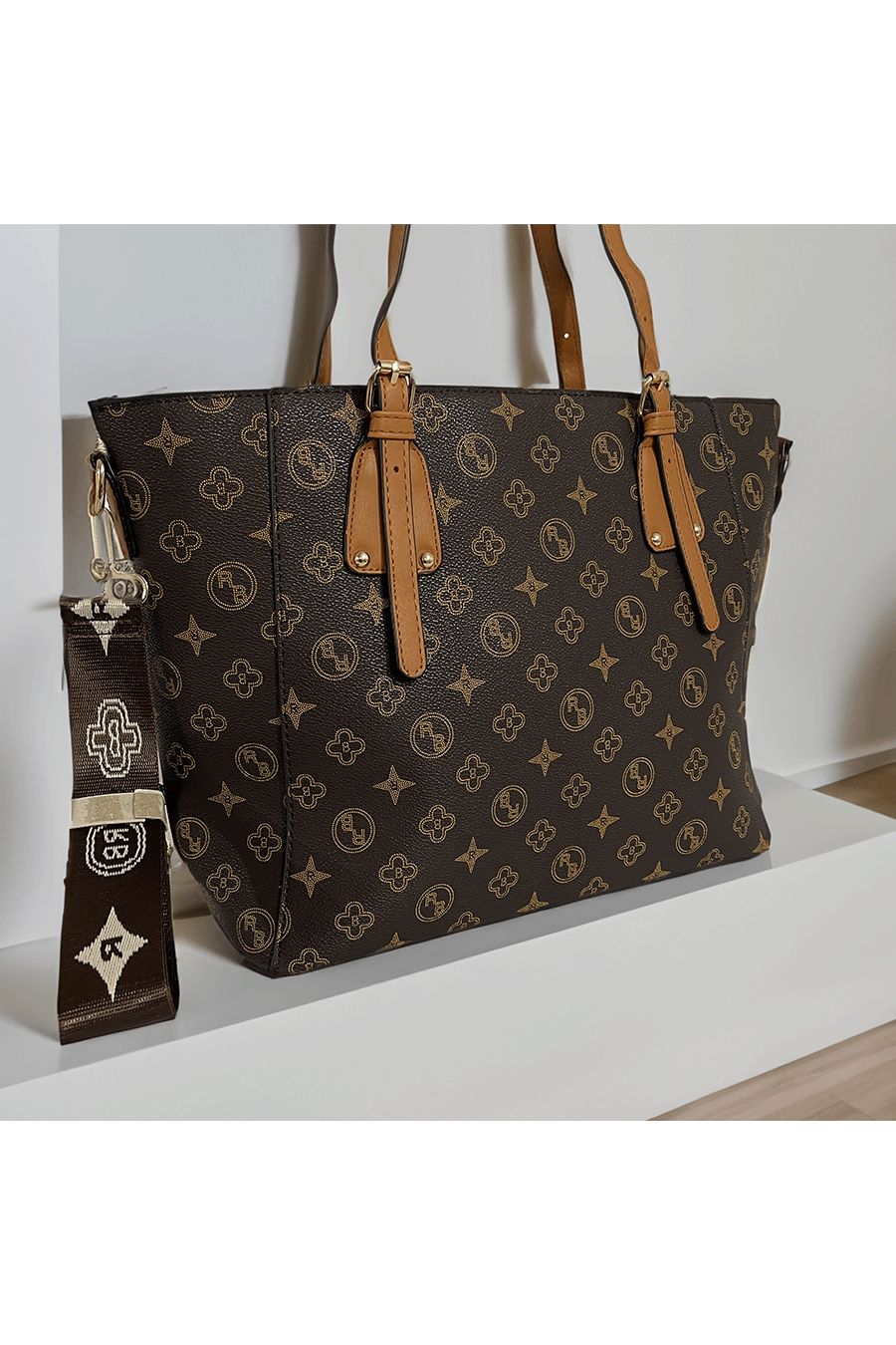 Brown patterned handbag - 1