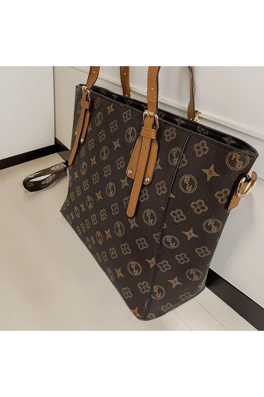 Brown patterned handbag - 3