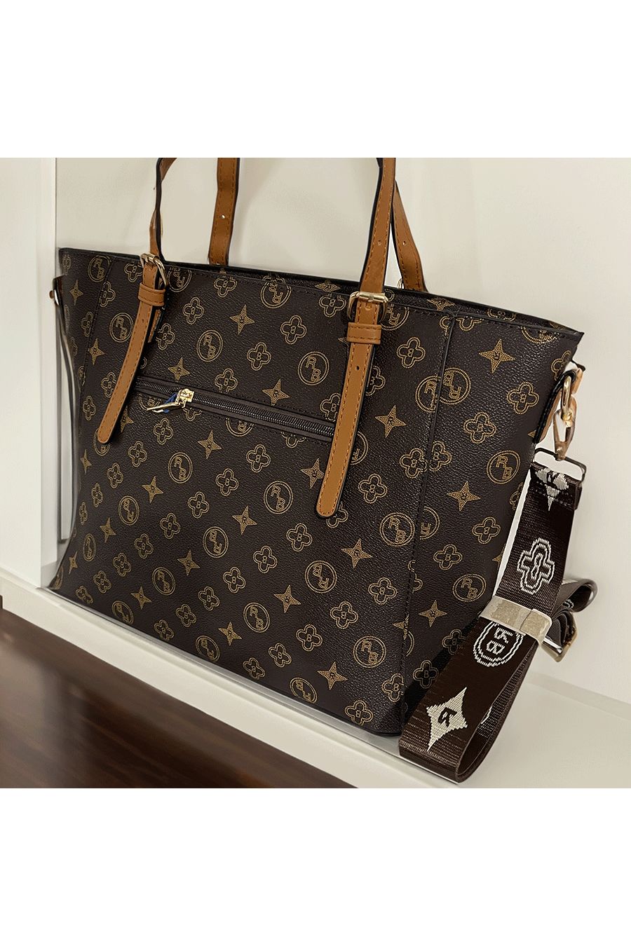 Brown patterned handbag - 4