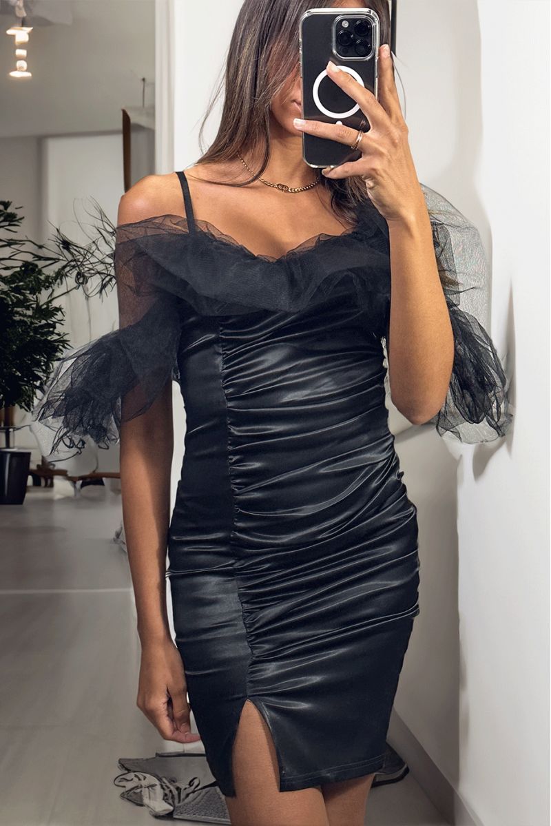 Sublime black satin dress with tulle falling on the shoulders - 2 Sublime black satin dress with tulle falling on the shoulders - 2