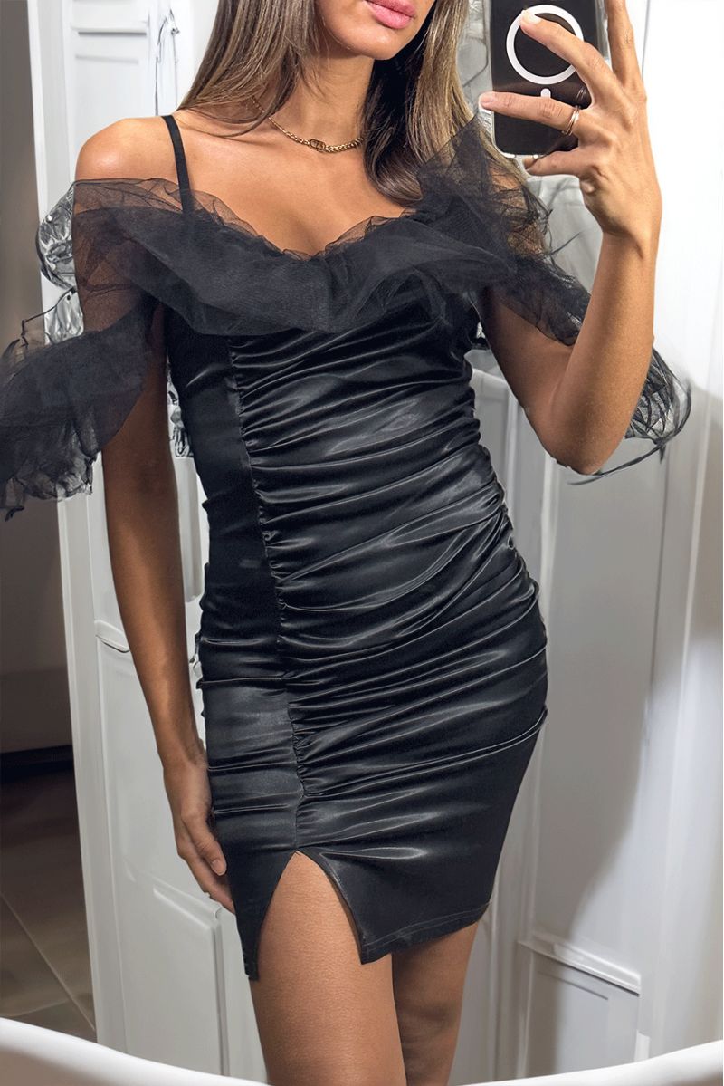 Sublime black satin dress with tulle falling on the shoulders - 3 Sublime black satin dress with tulle falling on the shoulders - 3