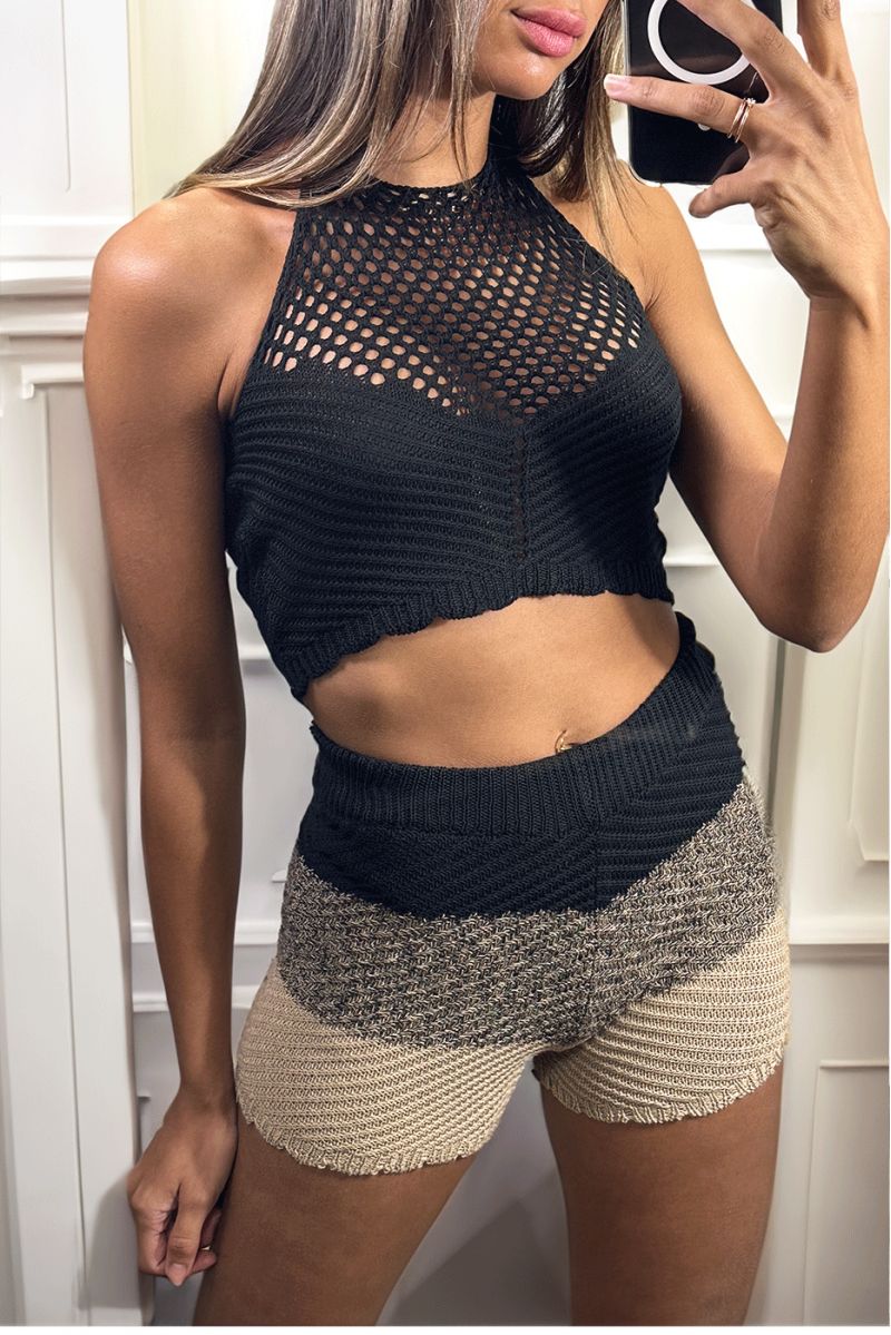 Lot de 6 Ensembles top et short tricolore en maille tricot extensible avec joli motif tressé - 2