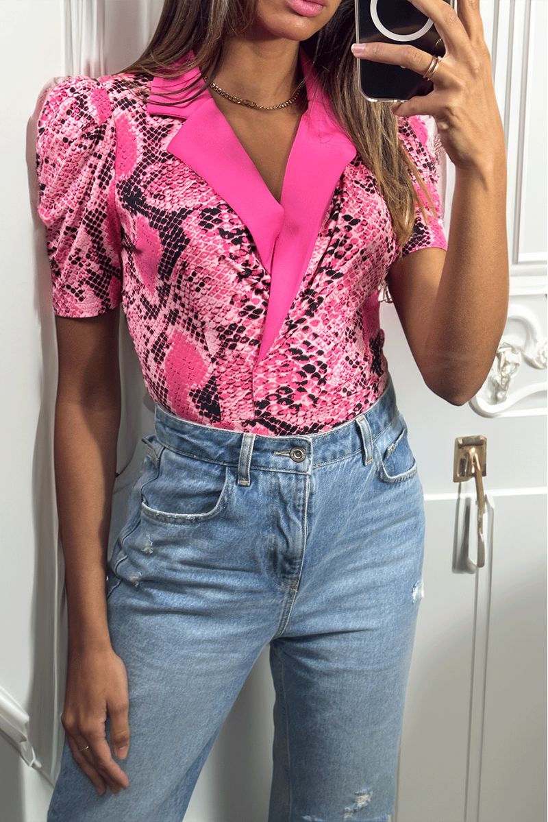 Very stretchy pink bodysuit in python pattern with short sleeves, blazer style collar - 2