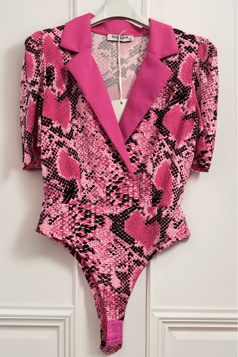 Very stretchy pink bodysuit in python pattern with short sleeves, blazer style collar - 6