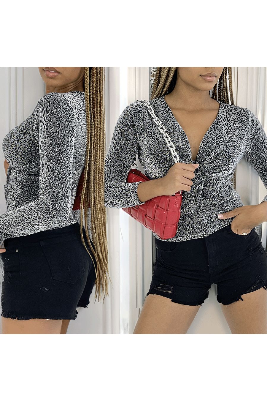 Set van 6 Sparkly tops met zilveren luipaardprints met lange mouwen, v-hals - 1
