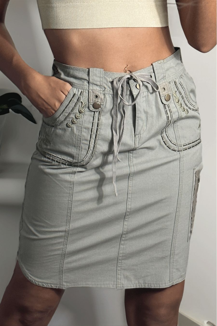 Khaki cotton skirt with embroidery - 1