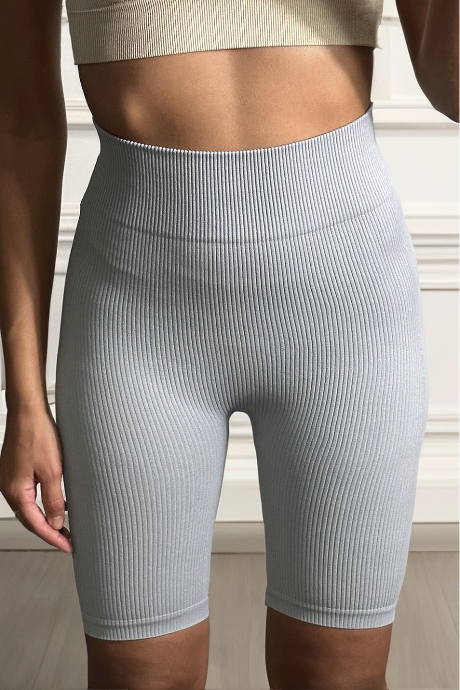 Grijze extra stretch rib gebreide capri broek - 2