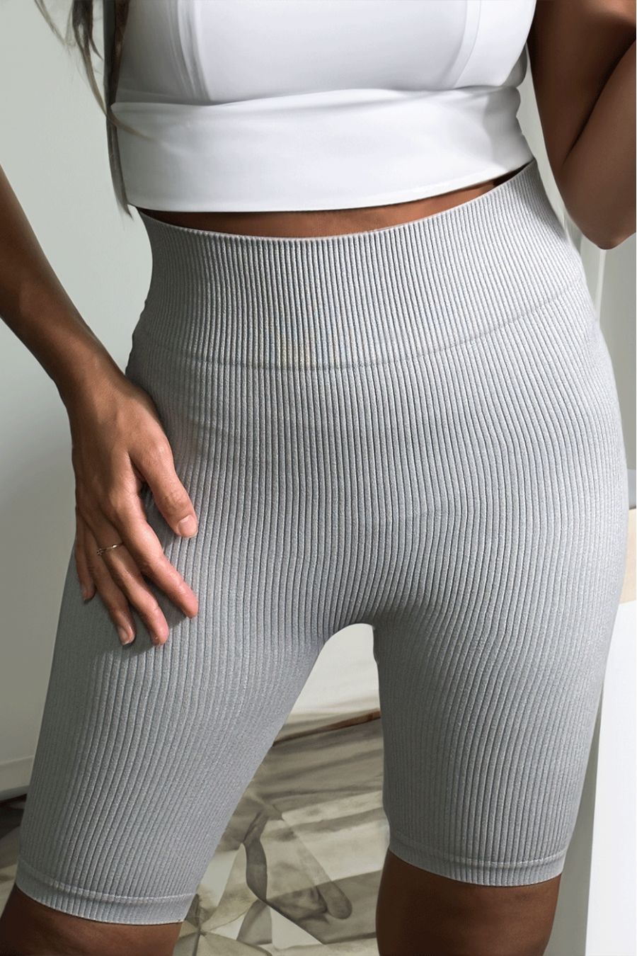 Grijze extra stretch rib gebreide capri broek - 3