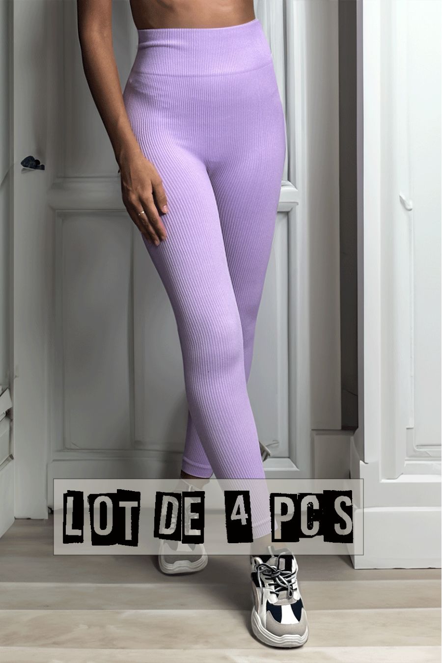 Lot de 4 Leggings violet en maille côtelé très extensible - 3