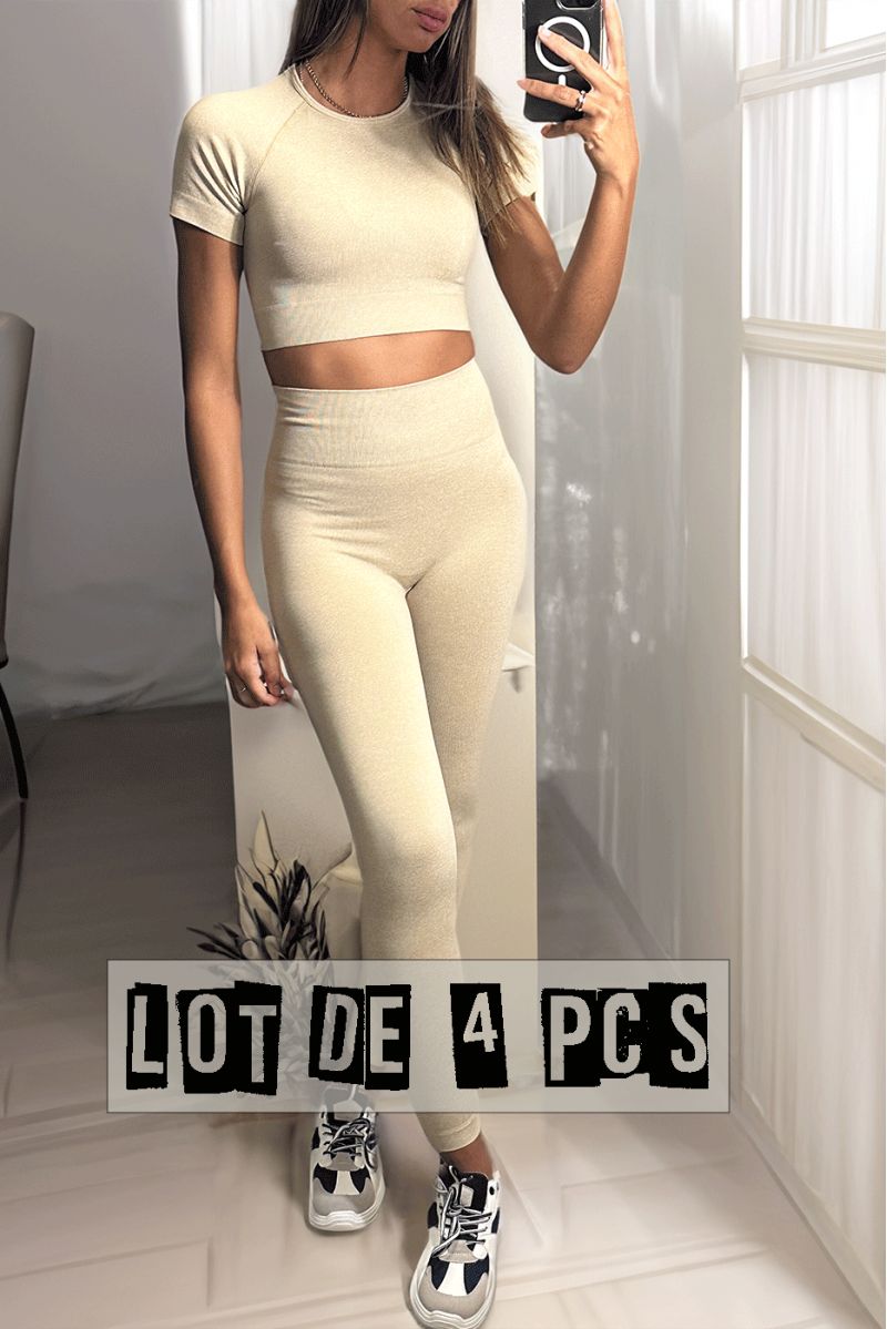 Set of 4 sets of leggings and beige sports top in uncomfortable material - 4