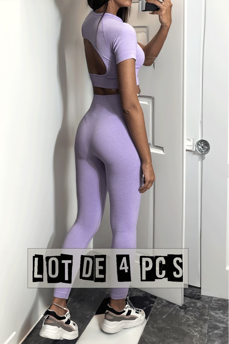 Lot van 4 lila sportleggings en topjes in gênante stof - 1