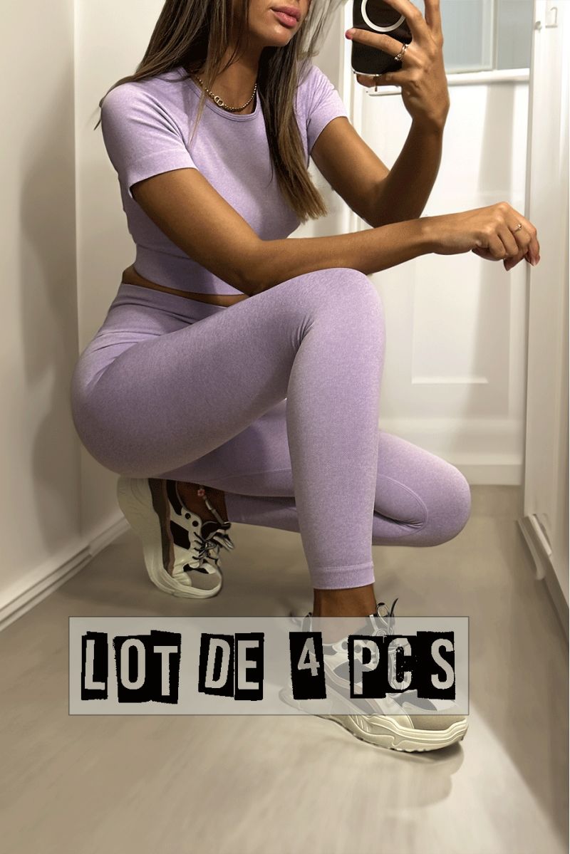 Lot van 4 lila sportleggings en topjes in gênante stof - 3