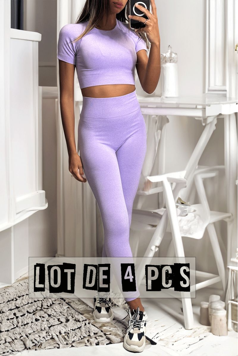 Lot van 4 lila sportleggings en topjes in gênante stof - 5